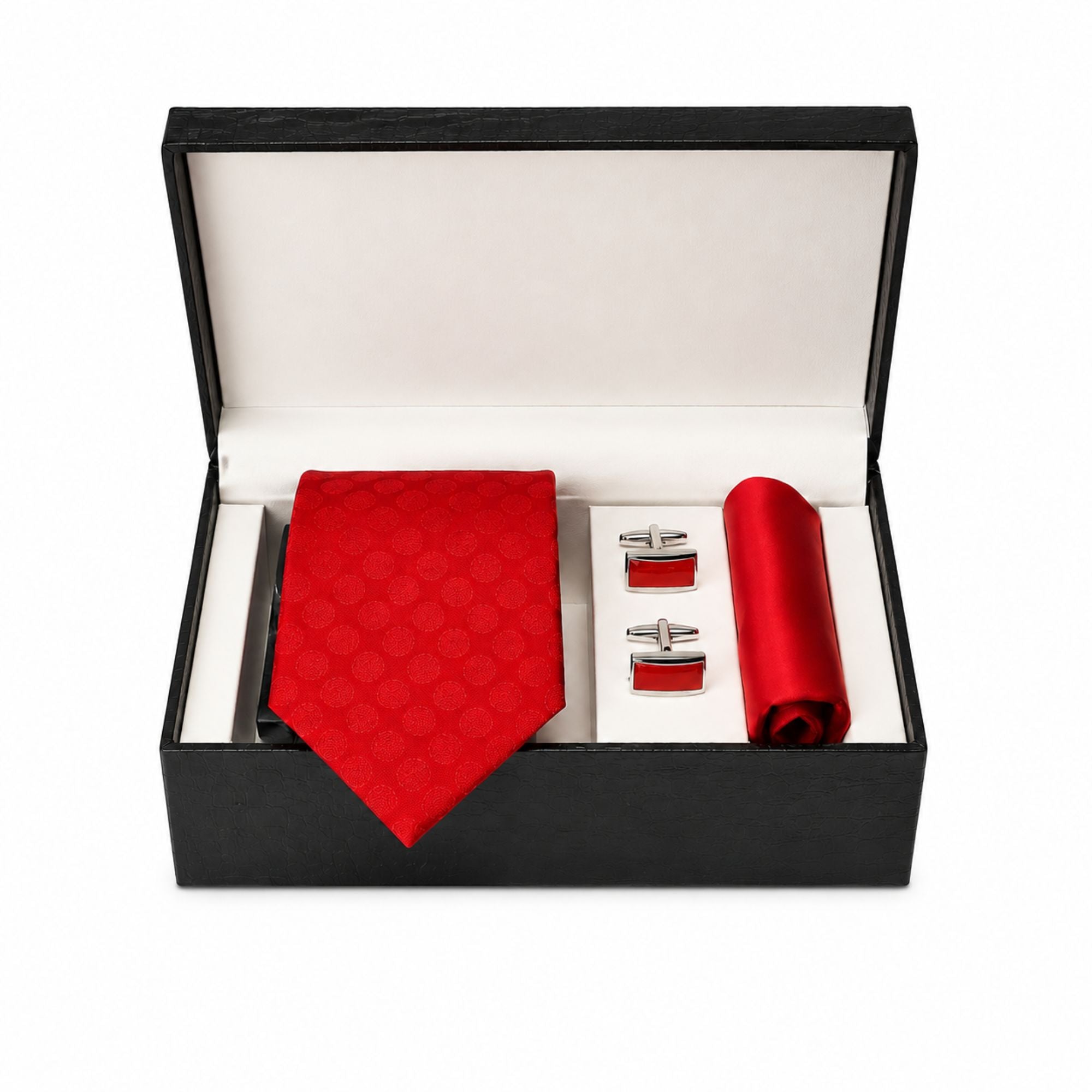 Premium Silk Tie, Pocket Square & Cufflinks Combo Set - Red