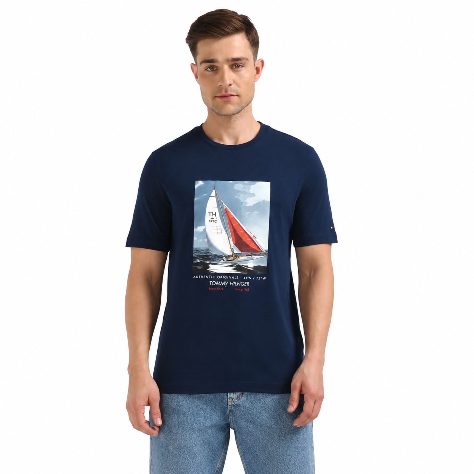 TOMMY HILFIGER Sailboat Print Regular Fit T-Shirt - Navy
