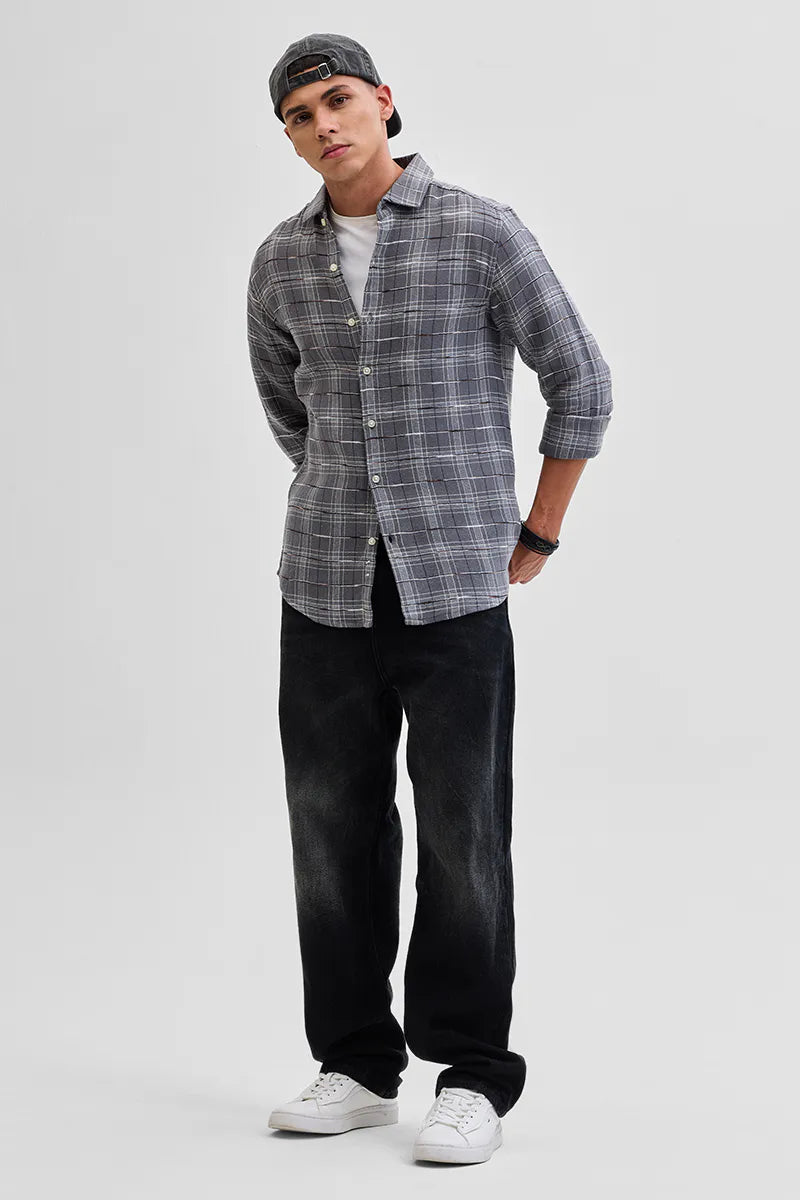Snitch Grey Slub Textured Checks Shirt for Men
