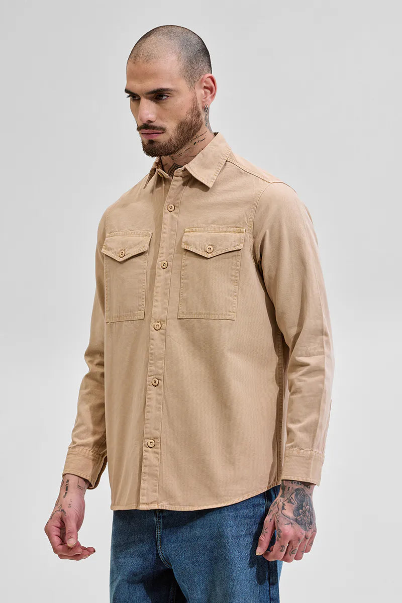 Snitch Beige Double Pocket Relaxed Fit Denim Shirt for Men