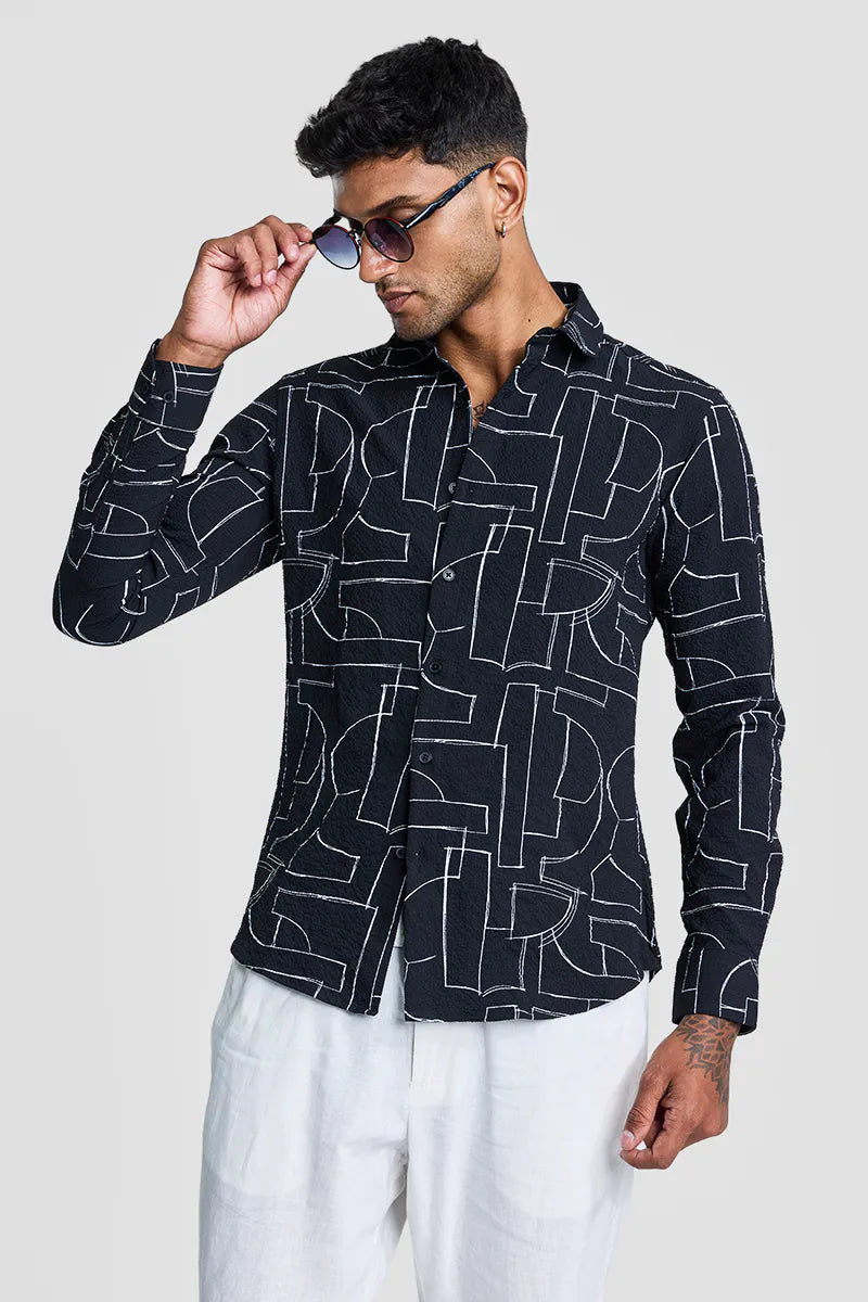 Snitch Men Black Textured Abstract Slim Fit Casual Shirt for Men