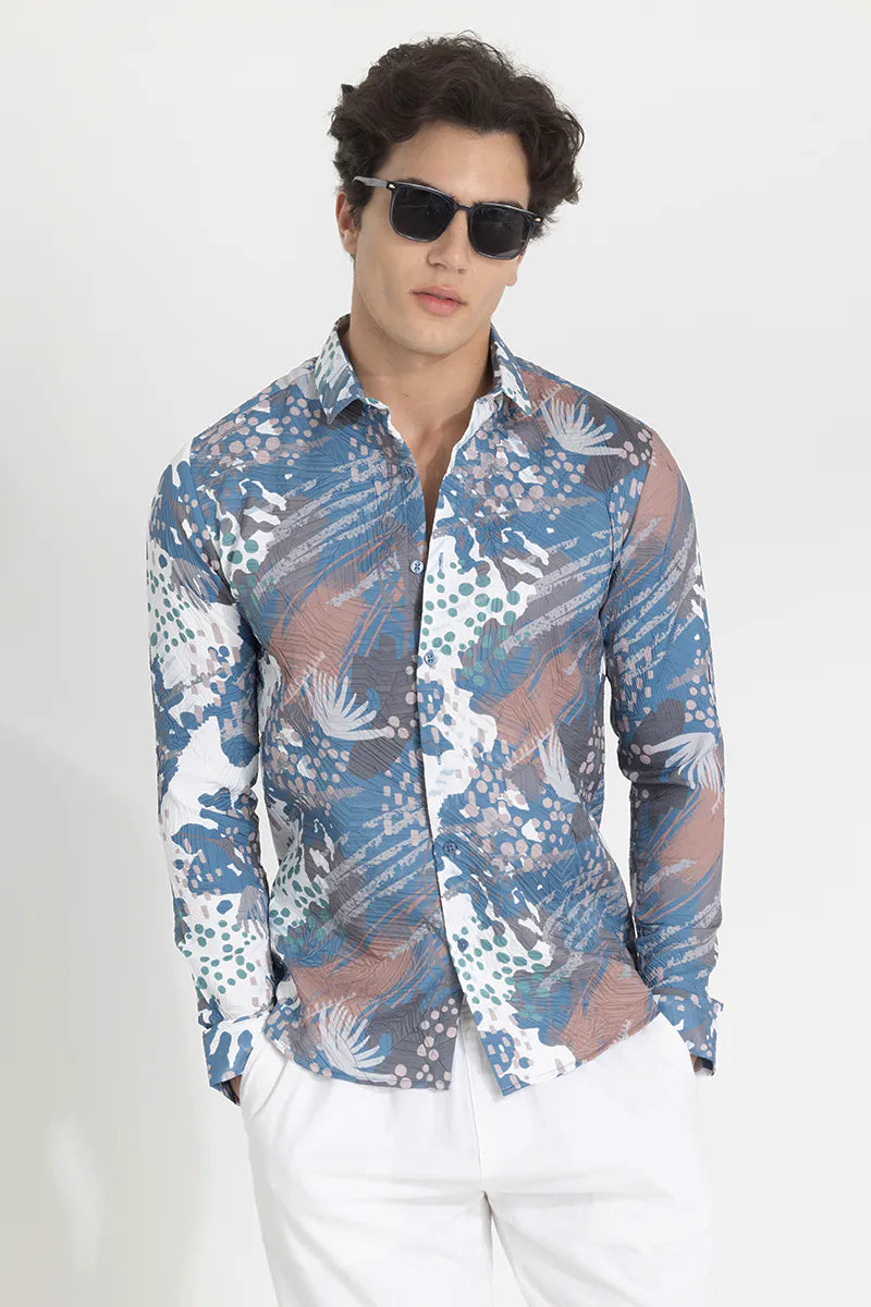 Snitch Blue Textured Abstract Slim Fit Shirt