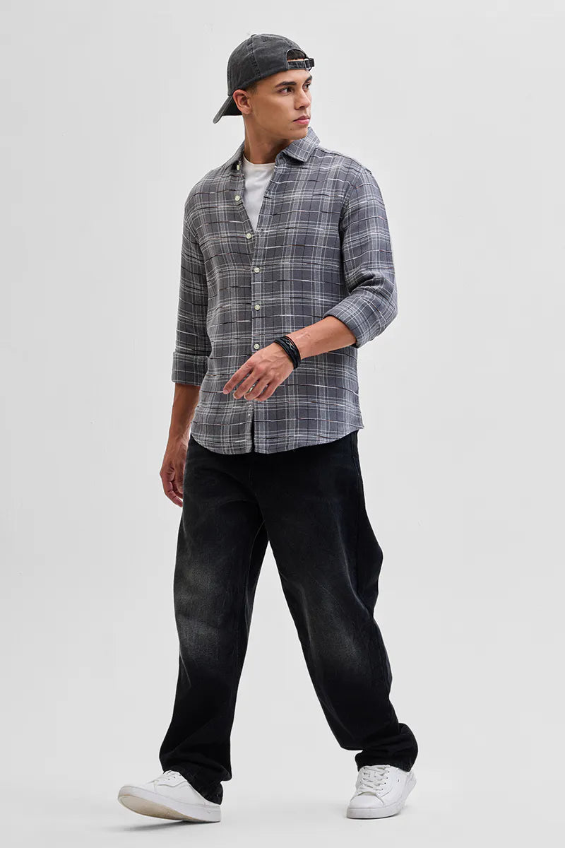 Snitch Grey Slub Textured Checks Shirt for Men