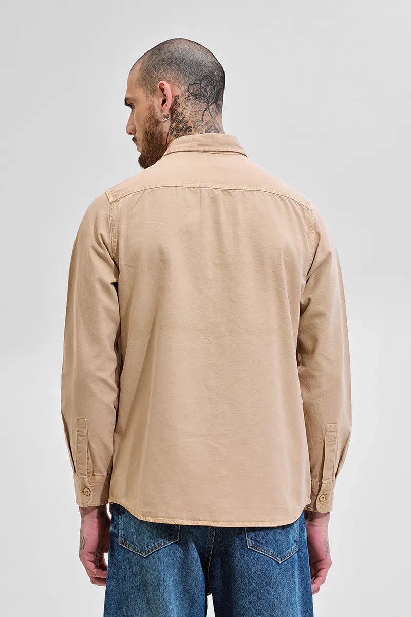 Snitch Beige Double Pocket Relaxed Fit Denim Shirt for Men