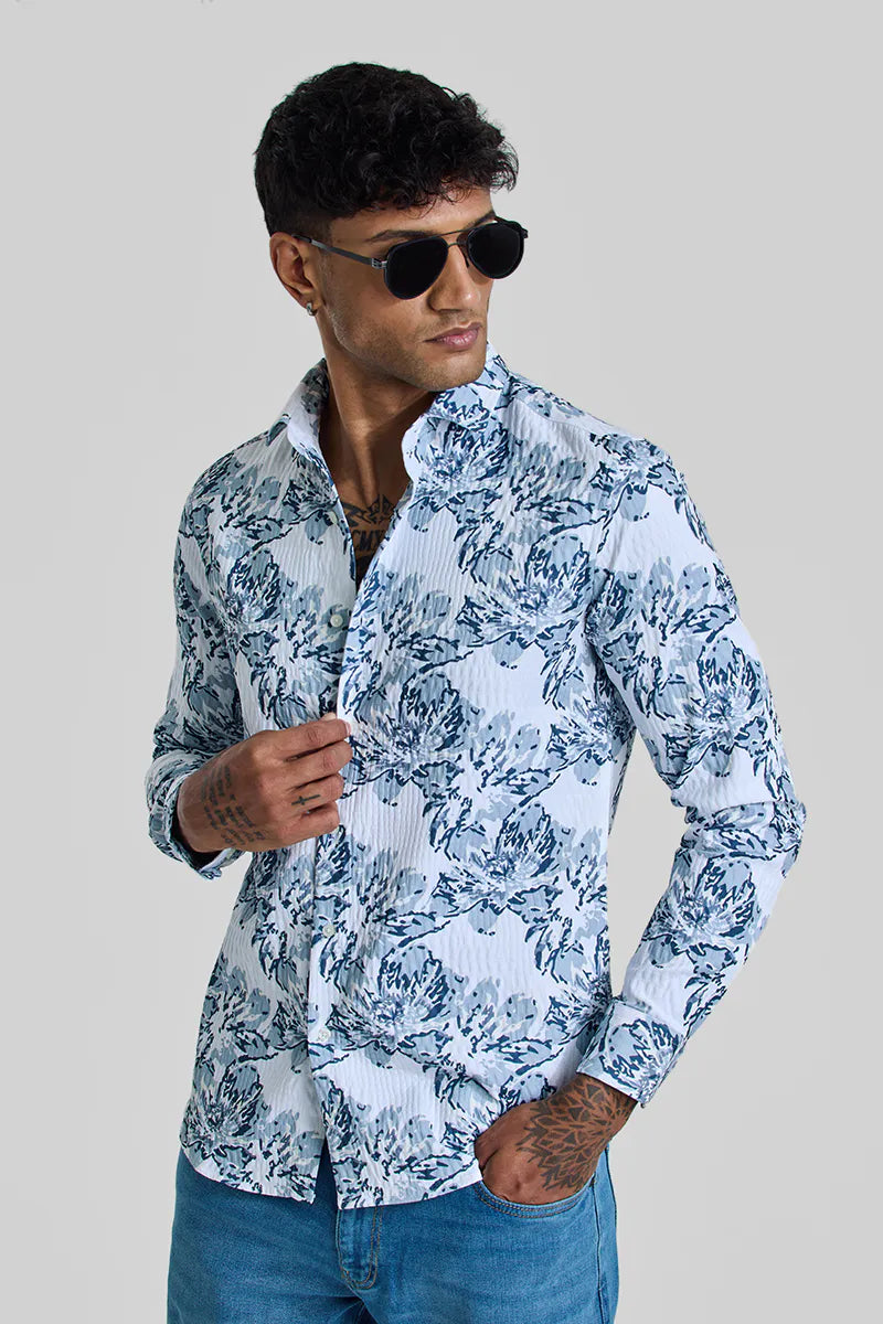 Snitch Light Blue Floral Slim Fit Casual Shirt