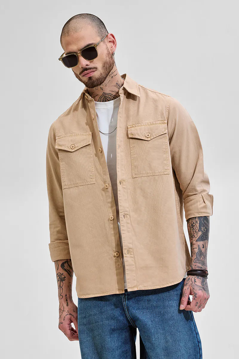 Snitch Beige Double Pocket Relaxed Fit Denim Shirt for Men