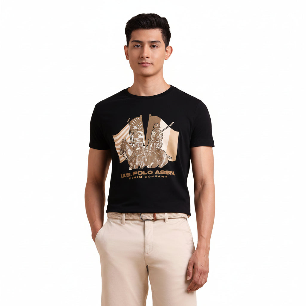 U.S. Polo Assn. Denim Co. Men Printed Round Neck Pure Cotton Black T-Shirt