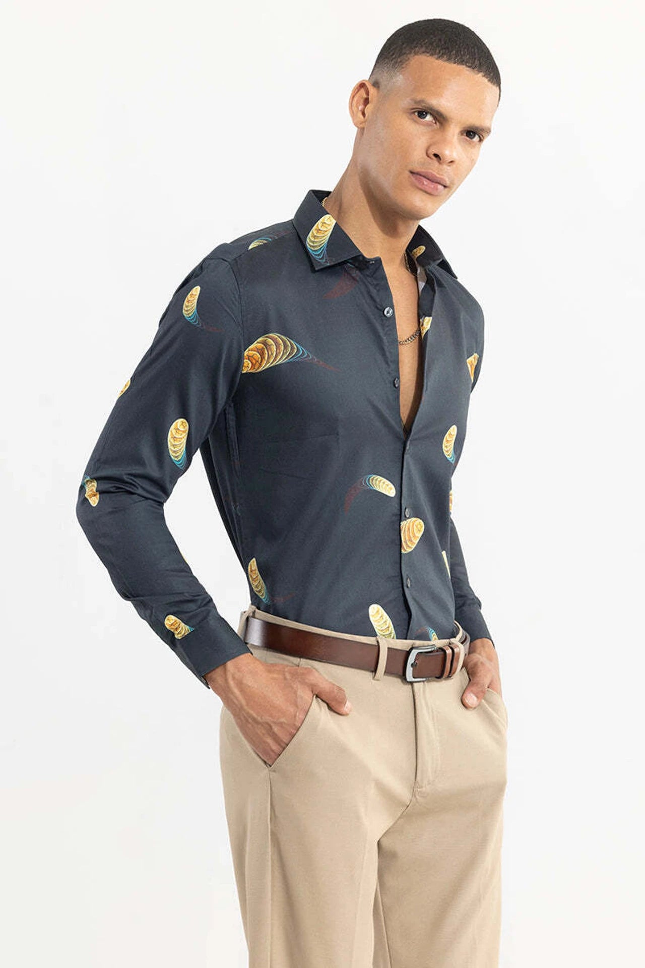 Snitch Dark Blue Printed Slim Fit Casual Shirt