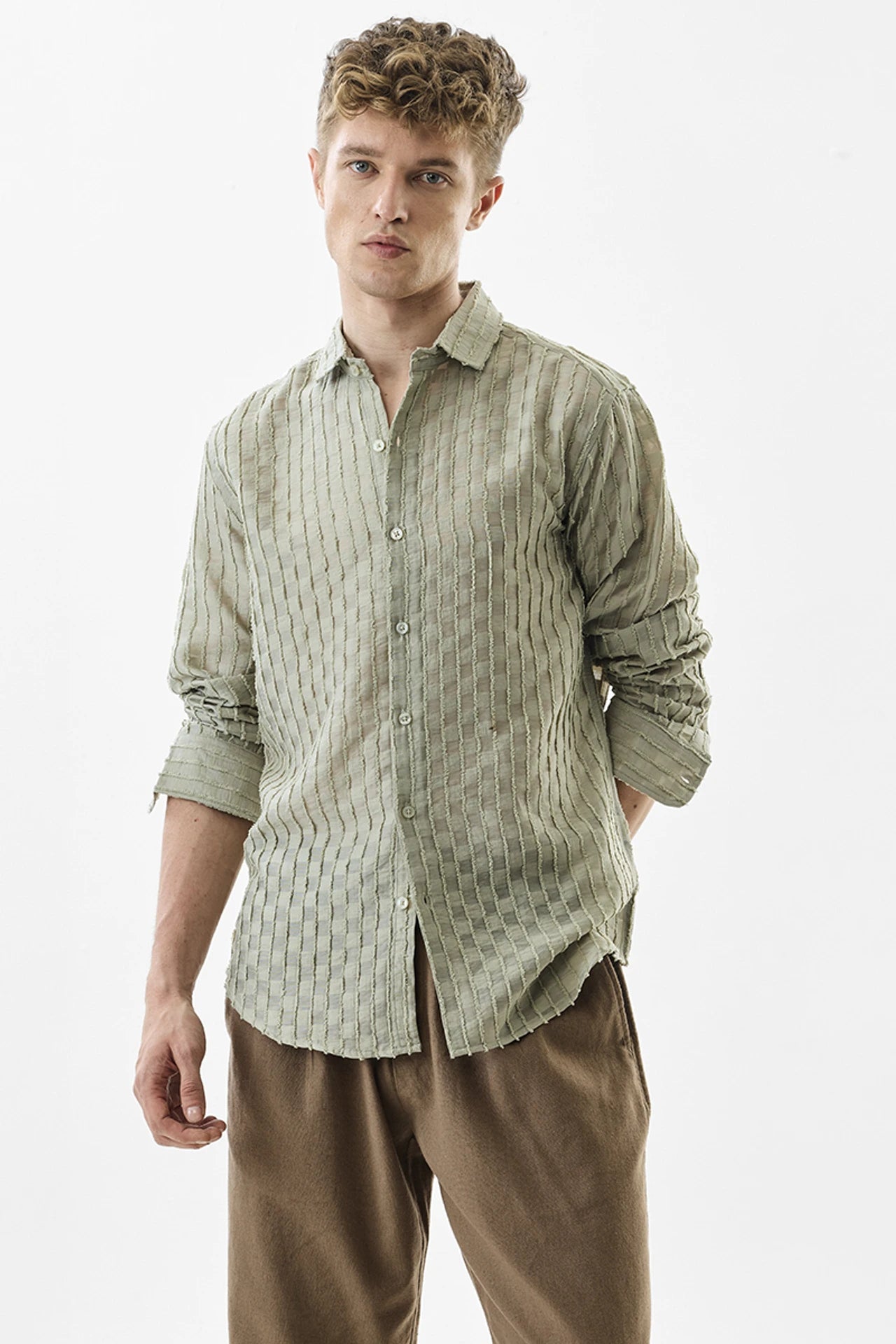 Snitch Light Green Slim Fit Textured Stripe Shirt for Men