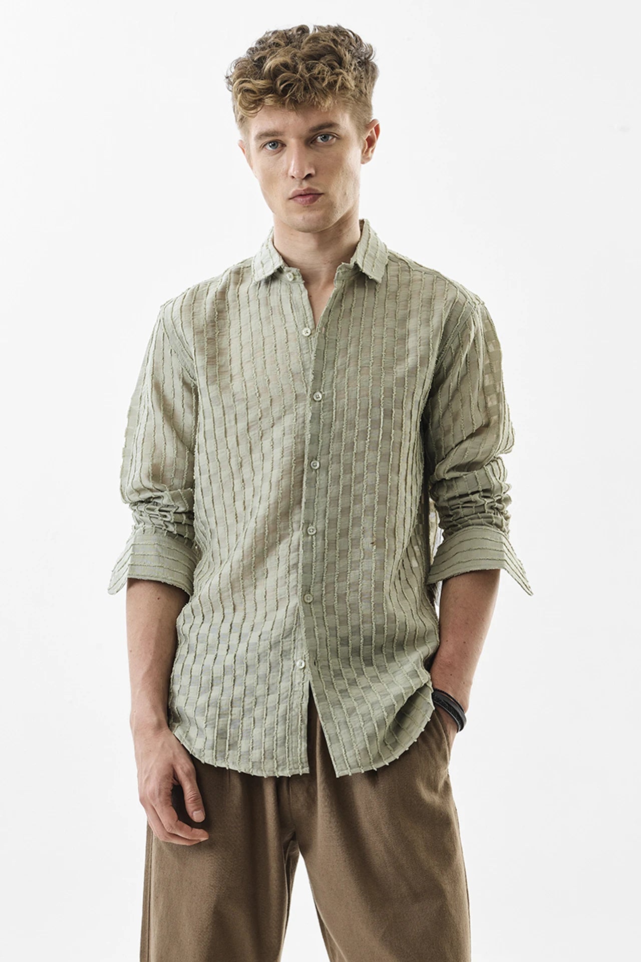 Snitch Light Green Slim Fit Textured Stripe Shirt for Men