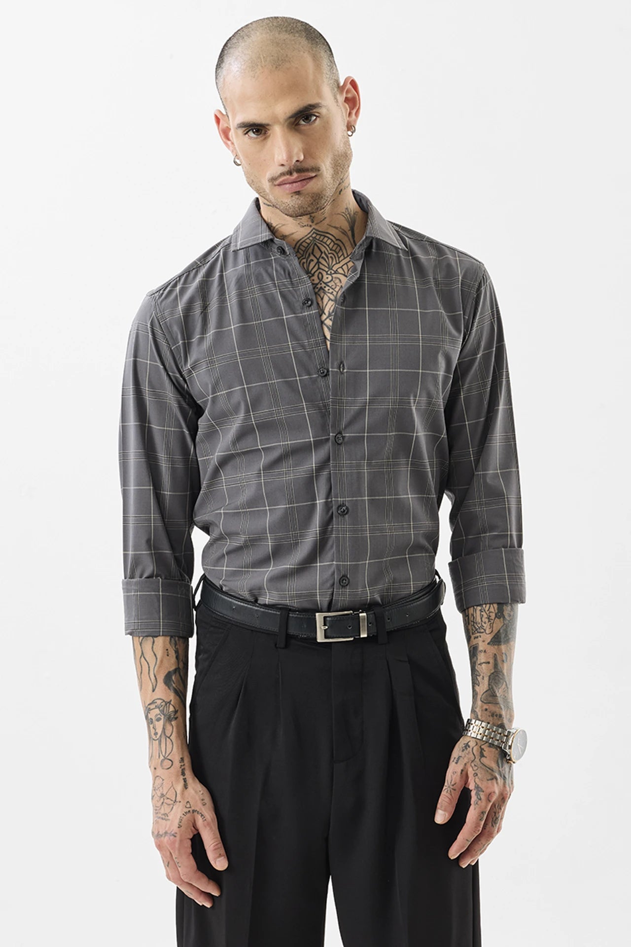 Snitch Grey Slim Fit Checkered Spread Collar Shirt for Men