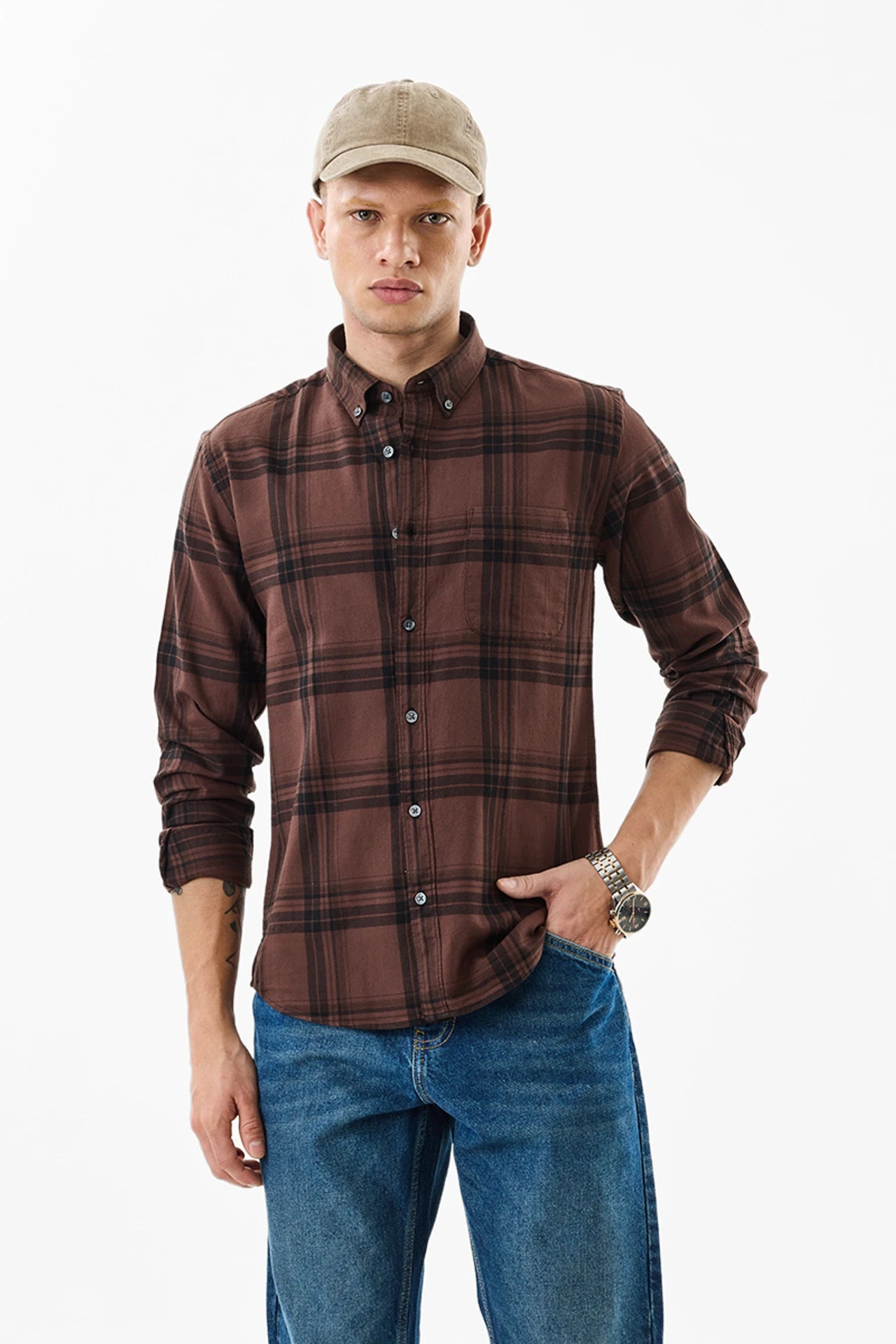 Snitch Brown Slim Fit Checkered Shirt for Men